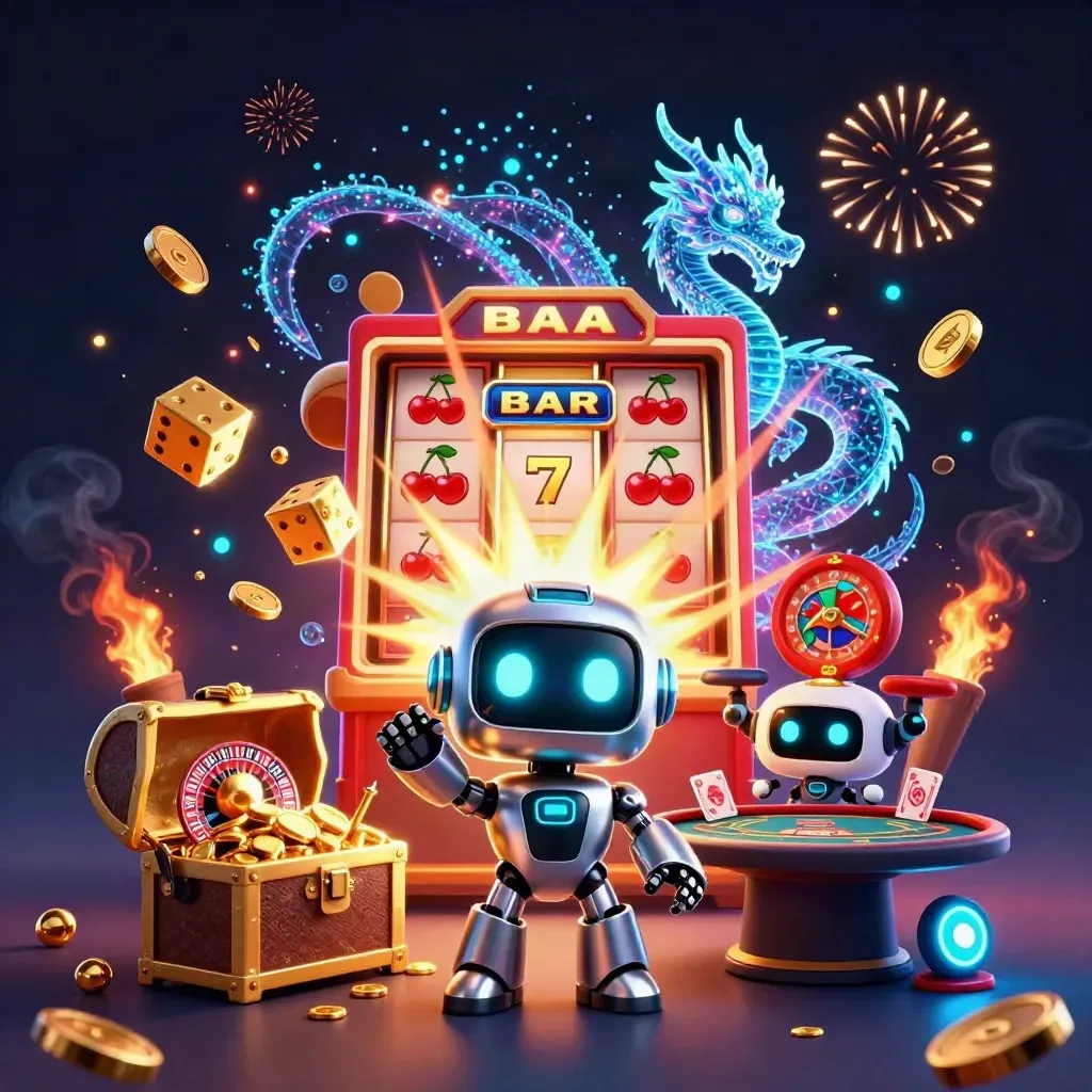 Cyberpunk robot, holographic dragon, and coin drone amid bursting slots and gold coins