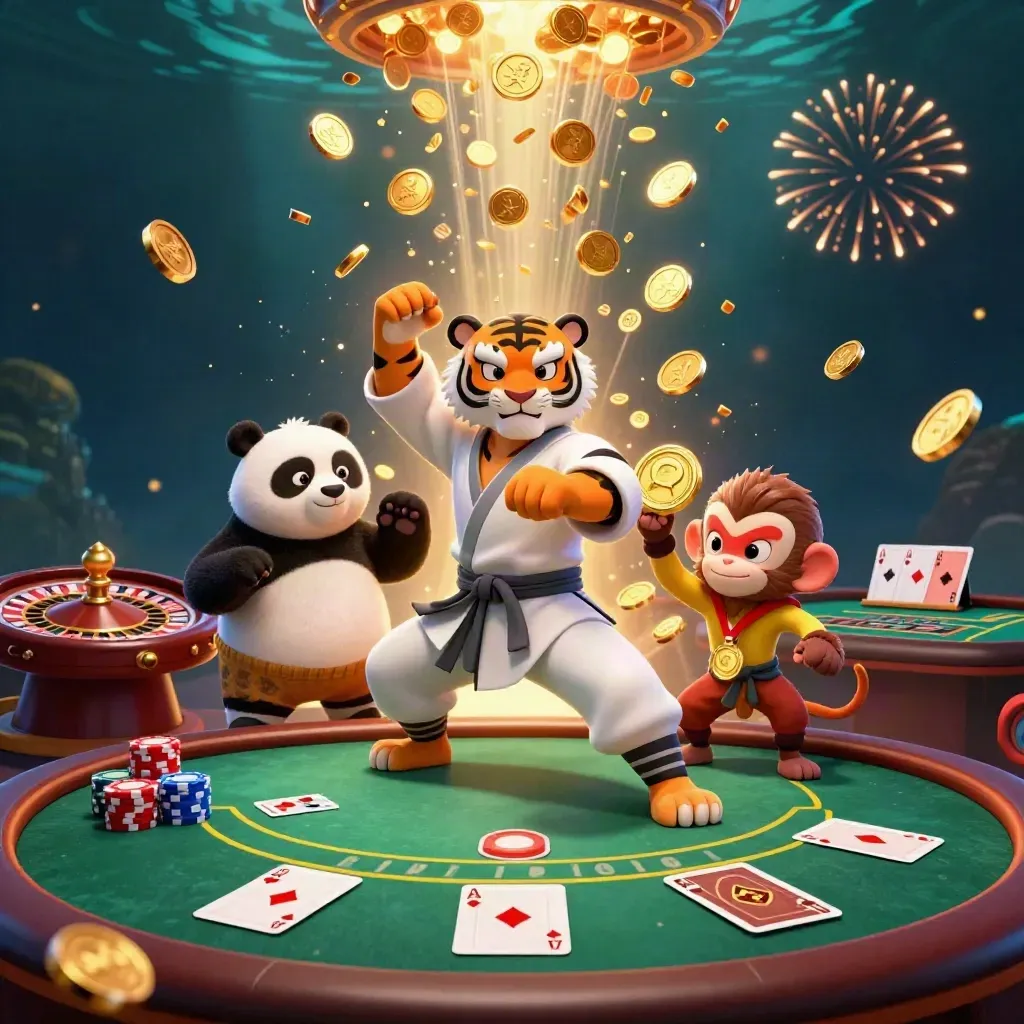 Tiger, panda and monkey amid casino loot, coins, chips, cards, and fireworks in a dark neon scene.