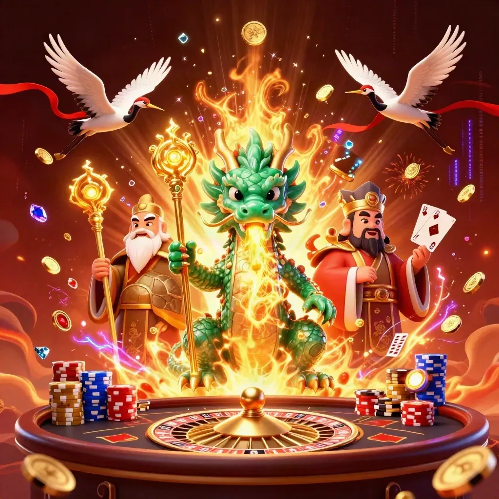 Dragon, turtle sage, and cranes amid coins, roulette, chips, and fire in a dark luxe casino scene.