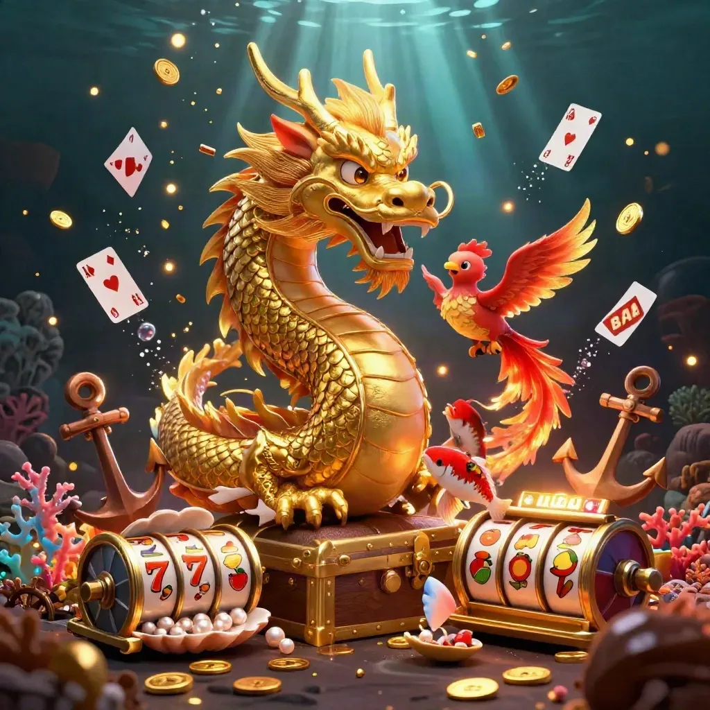 Golden dragon with phoenix and koi in a treasure cove with coins, coral, reels, and jewels.