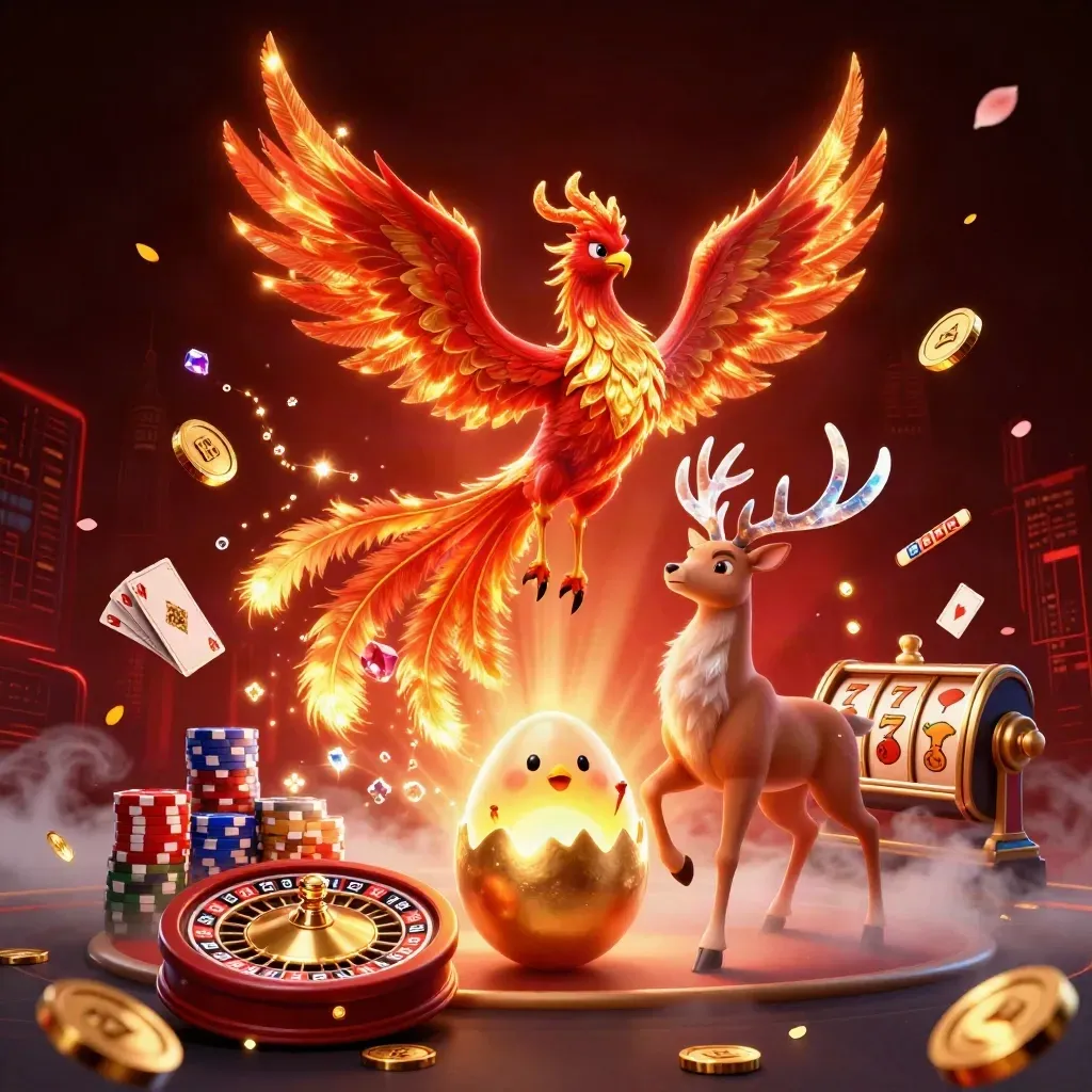Crimson phoenix, hatchling, and crystal stag amid coins, reels, chips, and roulette glow.