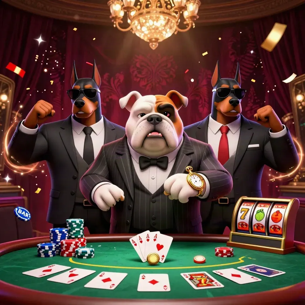 Three mafia dogs in a luxe casino burst with chips, cards, reels, and gold sparks