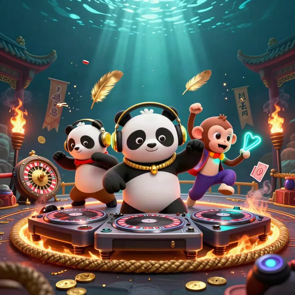 DJ panda, monkey, and glow kitten in neon casino chaos with coins, cards, and temple