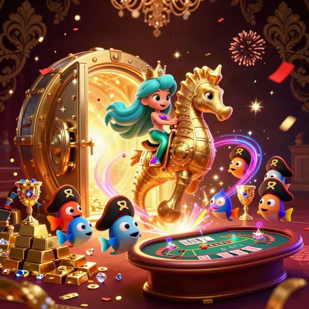 Mermaid princess on gold seahorse amid treasure, roulette, cards, sparks, and dark luxe casino glow.