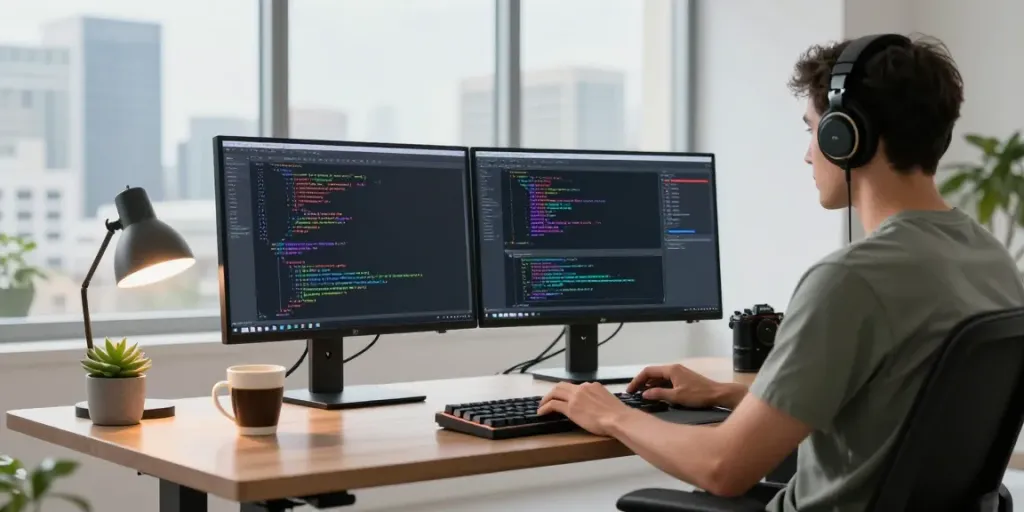 A software developer with dual monitors coding in a modern workspace showcasing the essence of sabi4d technology.