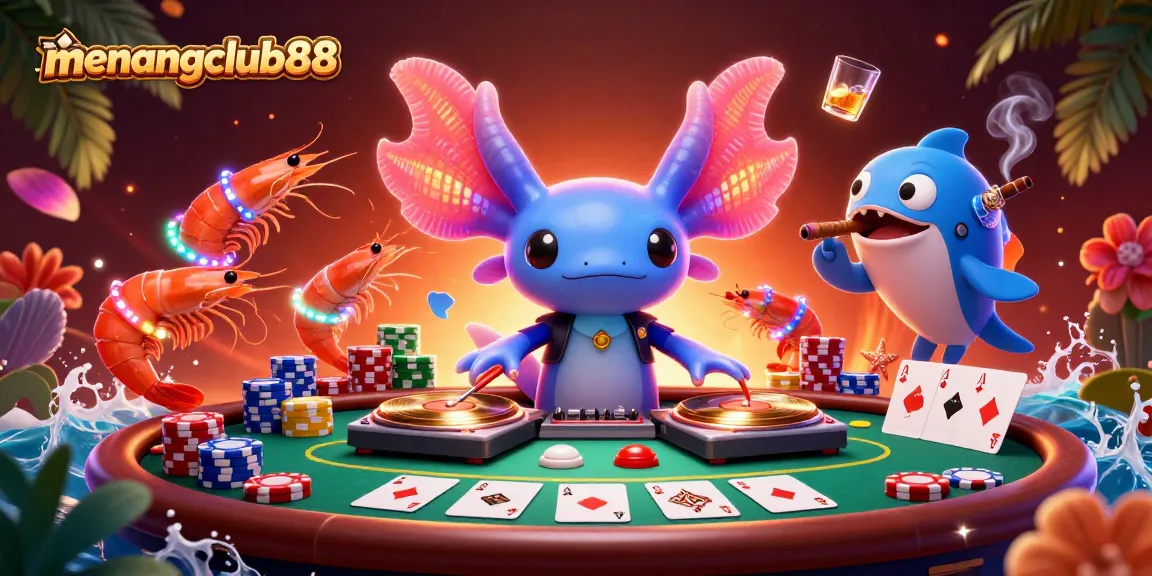 Experience excitement at menangclub88 with vibrant gaming scene featuring a neon axolotl DJ.