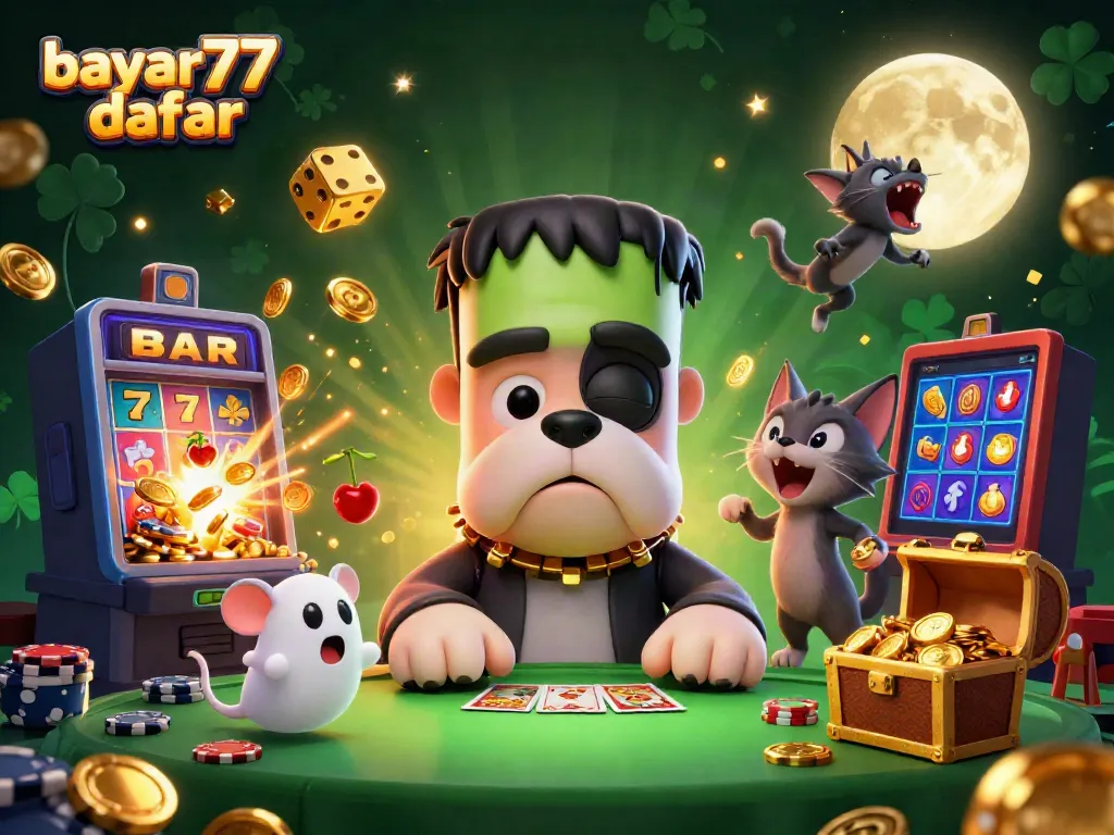 Experience the thrilling world of bayar77 daftar with a lively cartoon casino scene featuring unique characters and game elements.