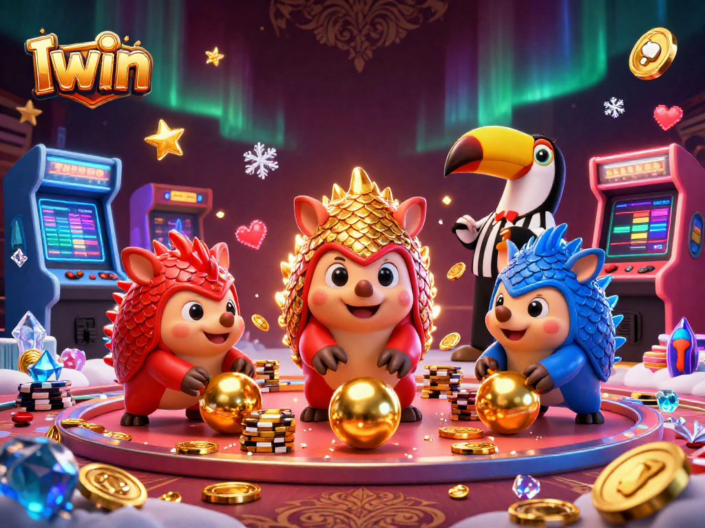 Iwin pangolins bowling through poker chips in a vibrant 3D casino scene