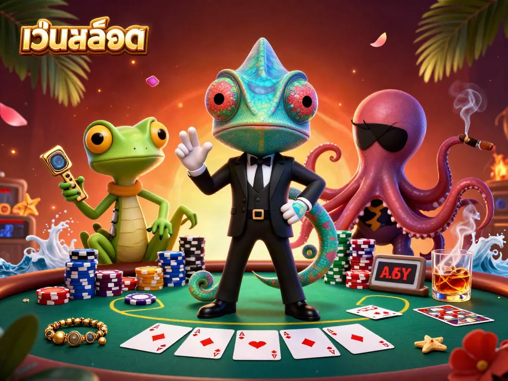 Experience thrills with เว็บสล็อต illustrated by a color-changing secret agent and game elements.