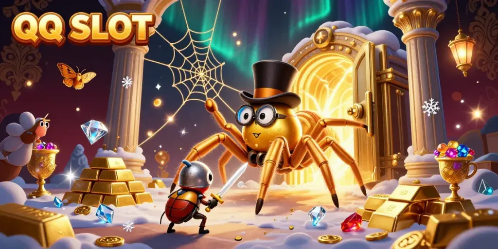 Experience the excitement of QQ SLOT with a vibrant 3D scene featuring a golden tarantula, beetle knight, and treasure.