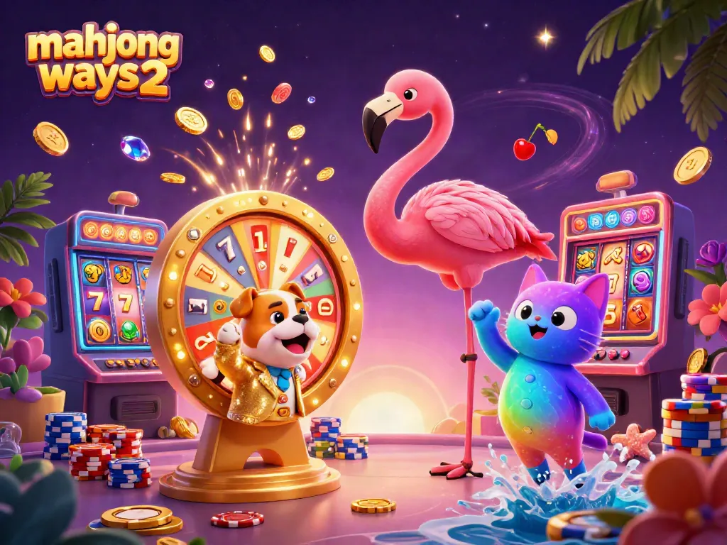 Experience winning excitement with mahjong ways 2 in a vibrant casino setting featuring characters, coins, and slot machines.