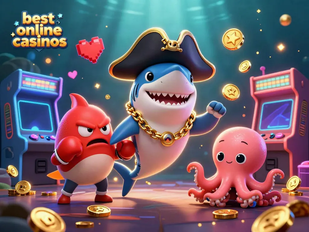 Engage with the best online casinos through a dynamic illustration featuring animated sea creatures and casino elements.