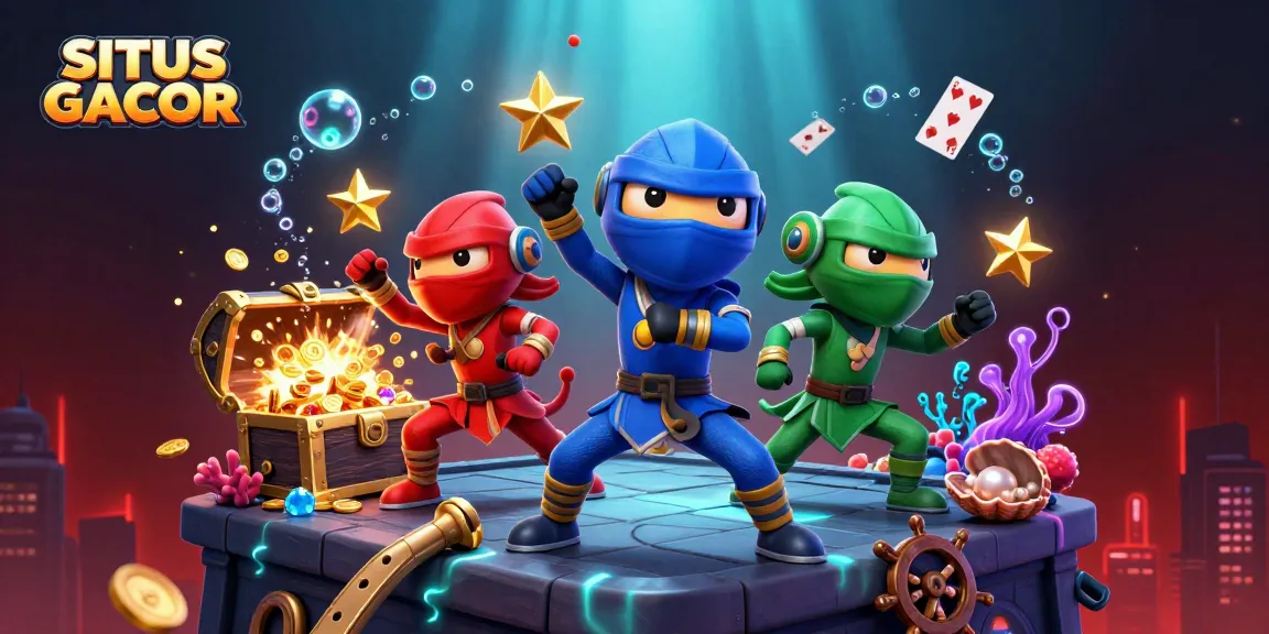 SITE GACOR showcases a ninja chameleon trio performing martial arts above an explosion of slot machine treasures.