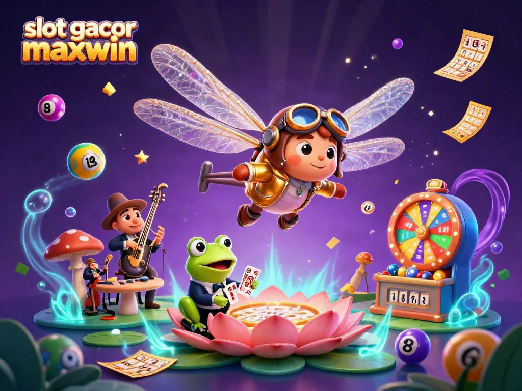 Menyaksikan keseruan bermain slot gacor maxwin dengan karakter unik di kasino lily pad, dikelilingi elemen permainan menarik dan warna-warni.