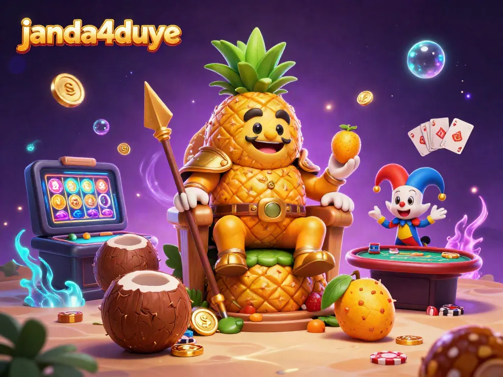 Gambarkan janda4duye saat menang di mesin slot, dikelilingi karakter lucu di kasino pantai