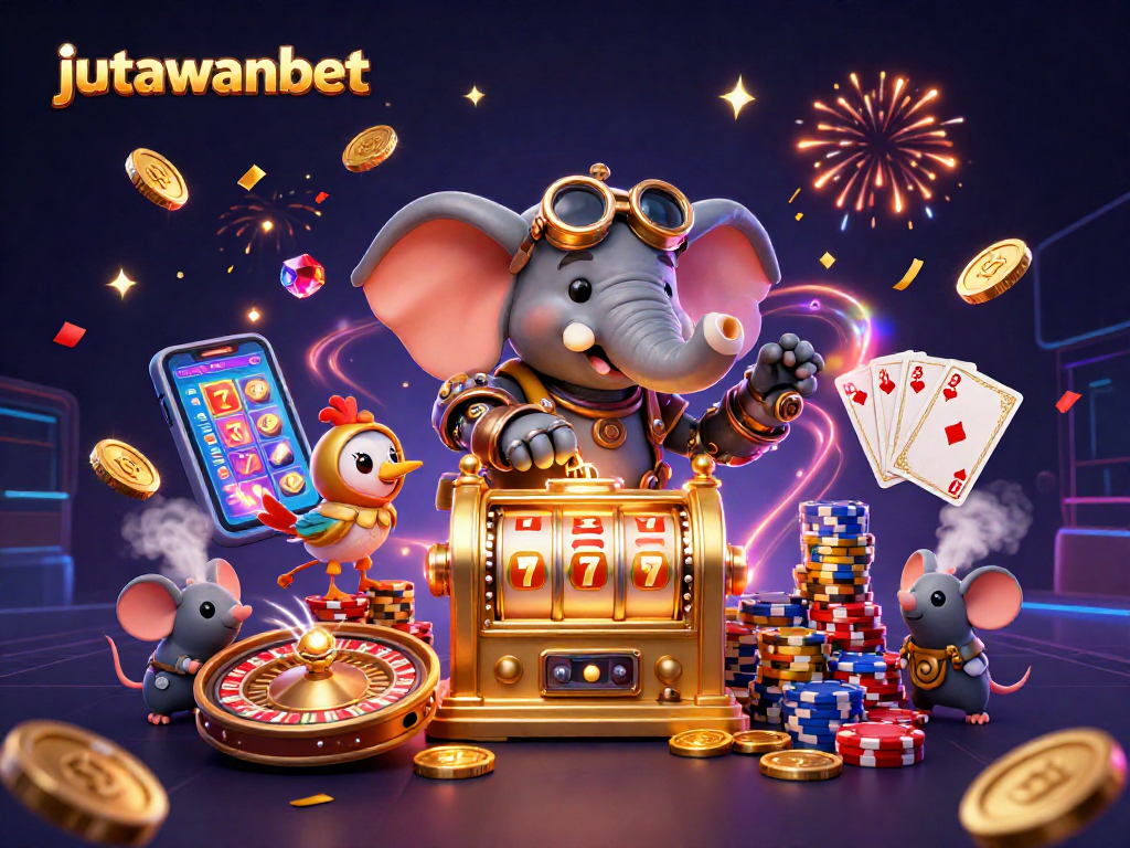 Spin to win with jutawanbet in a vibrant 3D casino filled with coins and winning symbols.