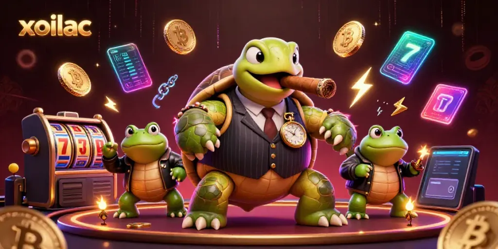 Xoilac showcases thrilling gaming action with a snapping turtle mobster and bullfrog enforcers.