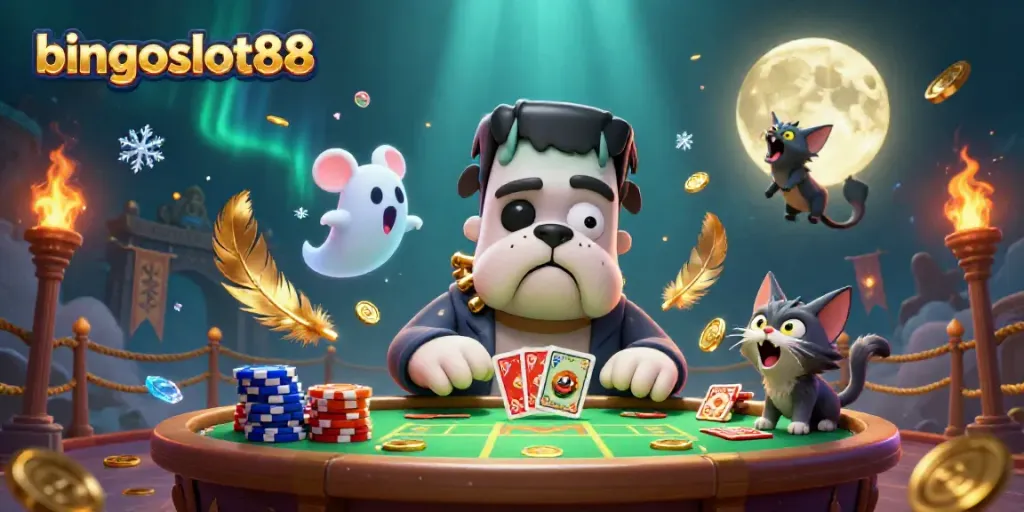 Rasakan keseruan bingoslot88 saat kartu dibagikan oleh monster bulldog Frankenstein di meja kasino.