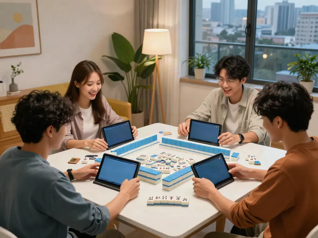 Tema permainan slot Mahjong dalam suasana seru dengan kelompok teman yang bersemangat.