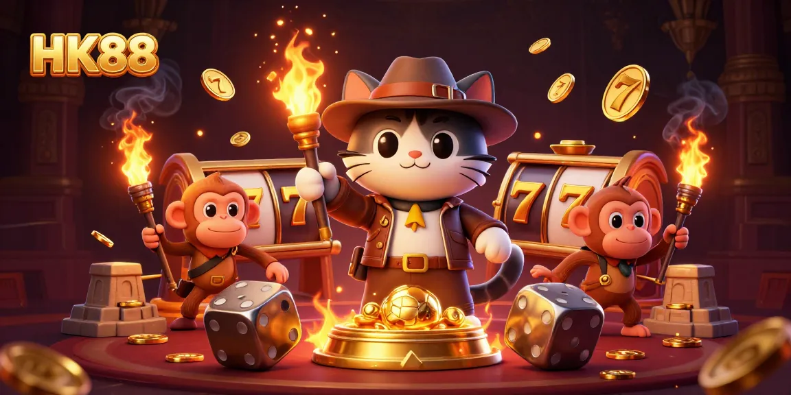 Uncover jackpots at HK88 with an archaeologist cat and monkey in a dynamic casino scene.