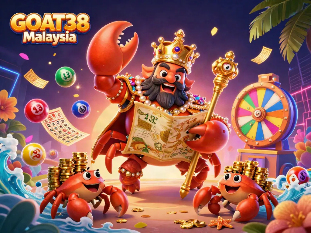 Engage with GOAT38 Malaysia's vibrant lottery scene featuring golden crab emperor amidst colorful elements.