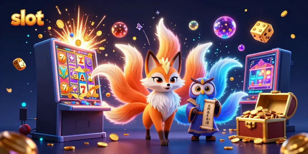 Engage with the exciting slot scene featuring a vibrant nine-tailed fox spirit and jackpot elements.