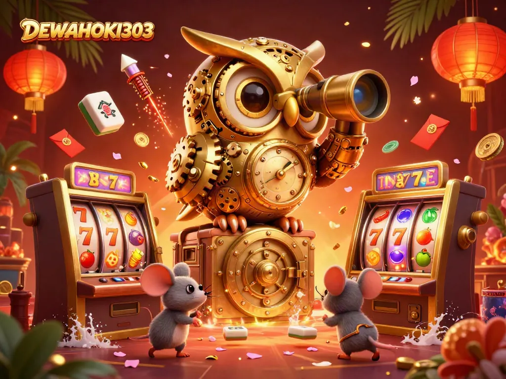 Permainan slot mengasyikkan di DEWAHOKI303 dengan jam beker hantu dan patron kecil di antara mesin slot.
