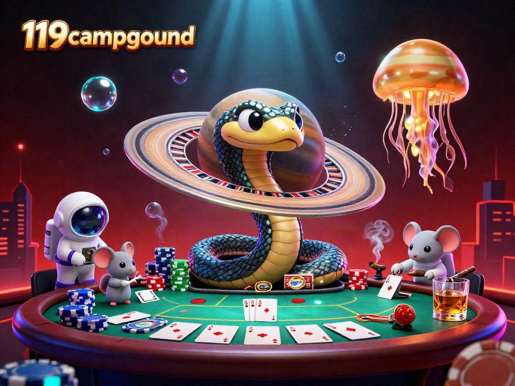 Place bets with excitement at 119campground in this vibrant casino-themed illustration.