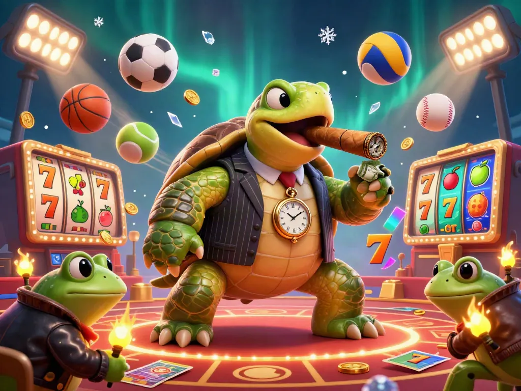 Situs slot themed illustration with a massive turtle mobster and bullfrog enforcers around vibrant slot reels and casino lights.