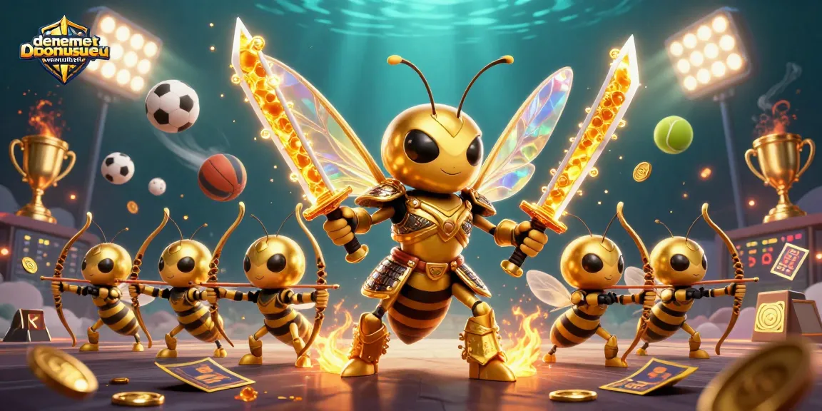 Engaging 3D illustration of denemebonusuverensiteler, showcasing a golden hornet samurai and sports elements, igniting excitement.