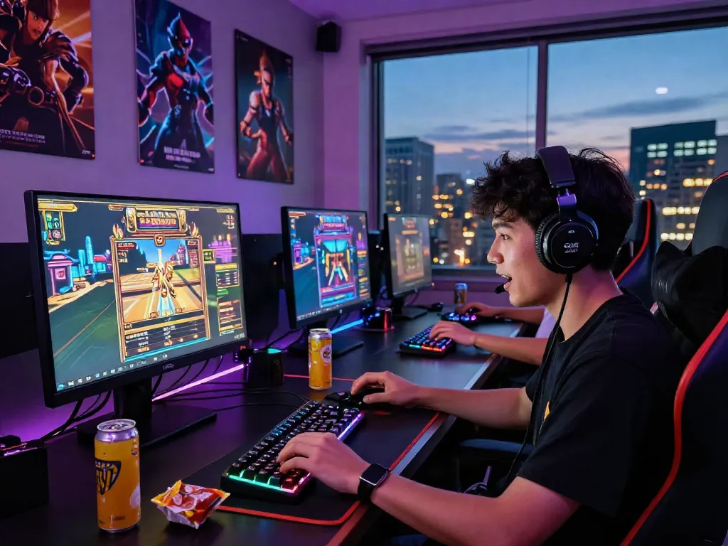 Excited gamer enjoying online slot server Thailand on a multi-monitor setup with RGB lighting.