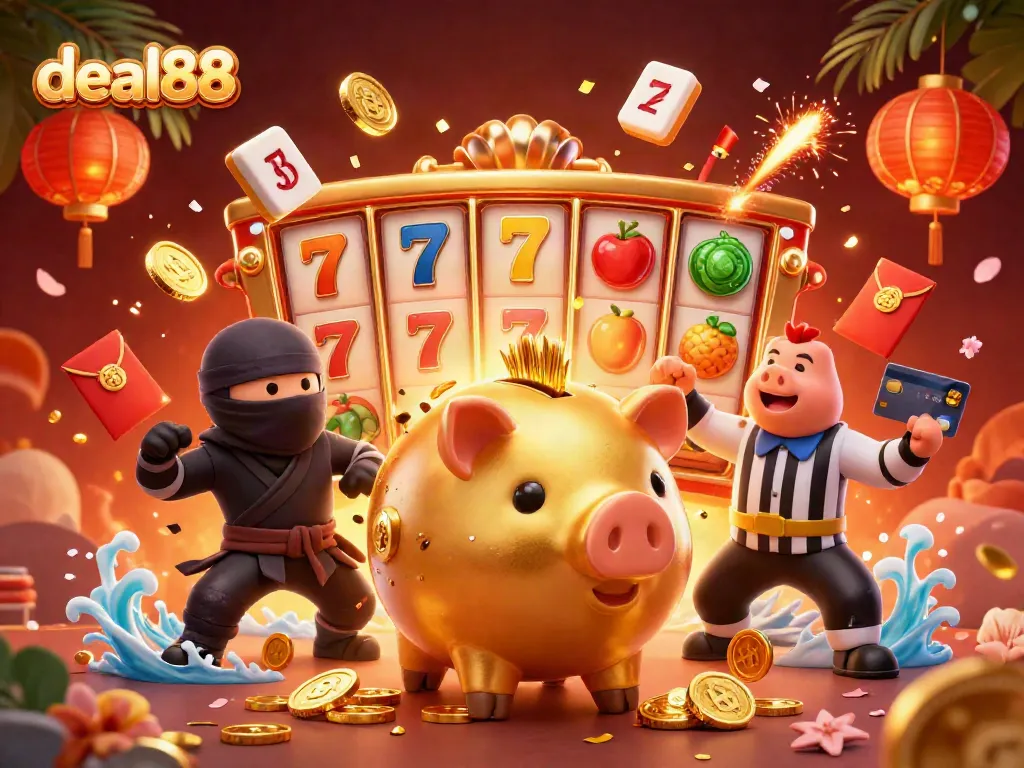 Experience excitement with deal88 as characters bring dynamic casino energy to life amidst golden coins and slot reels.