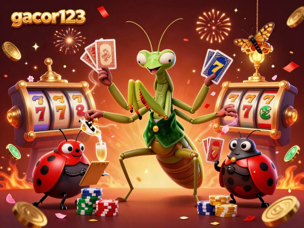 Experience the excitement of gacor123 with a vibrant 3D casino scene featuring a mantis card sharp, ladybug pit boss, and festive elements.