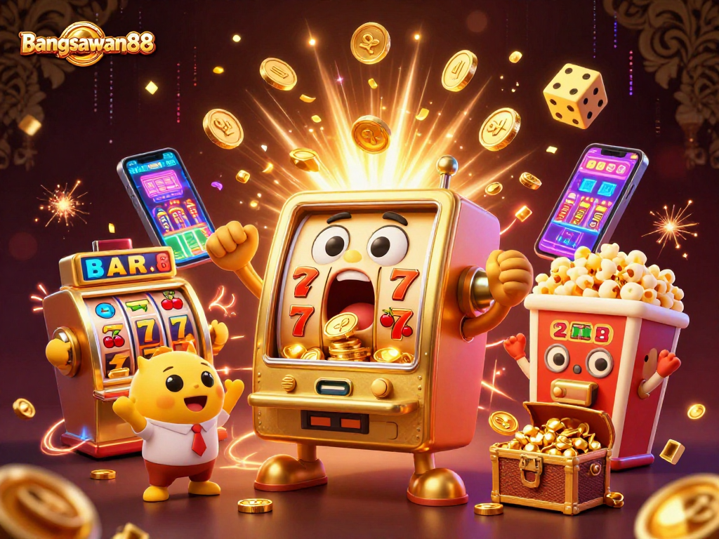 Experience the exhilarating moment as bangsawan88's golden slot machine celebrates hitting a jackpot amidst a burst of coins.