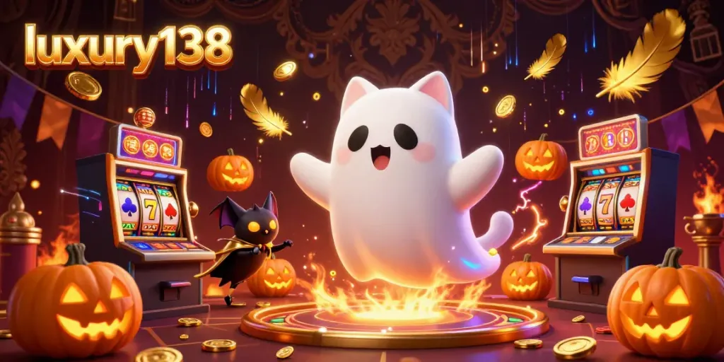 Experience thrilling gameplay at luxury138 with friendly ghost cat and vampire bat in a rich casino atmosphere.