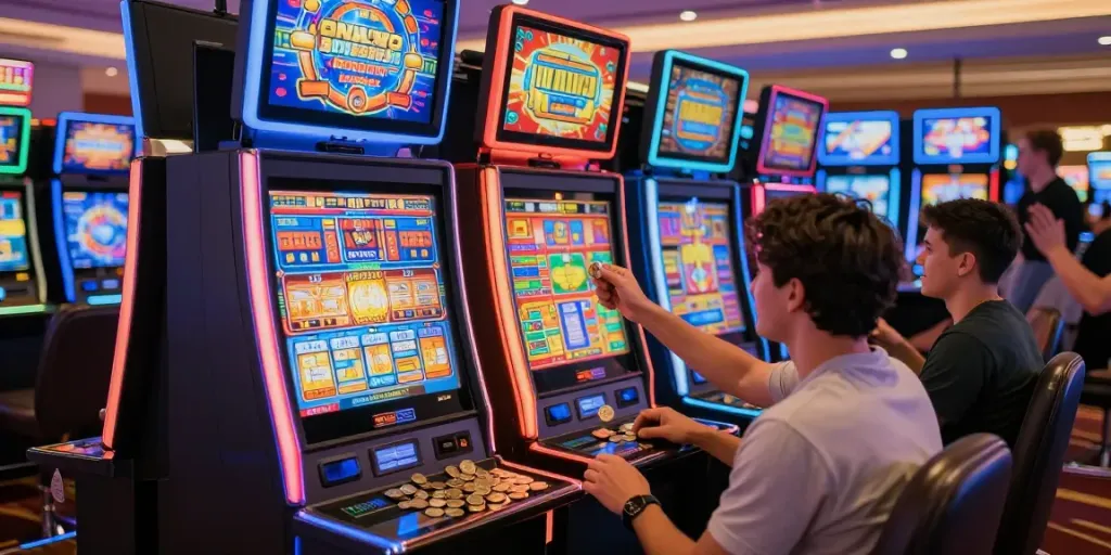 Players enjoying ทดลองสล็อต at lively casino with vibrant machines.