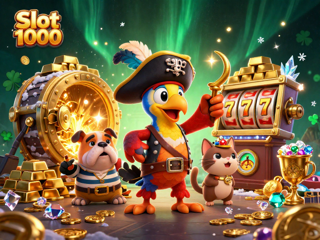 Spin to win at Slot 1000 with pirate captains and treasures in a vibrant casino scene.