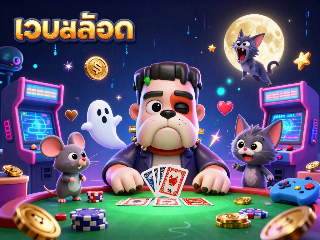 Win big at เว็บสล็อต with a spooky Frankenstein bulldog and a ghostly mouse in a thrilling casino scene.