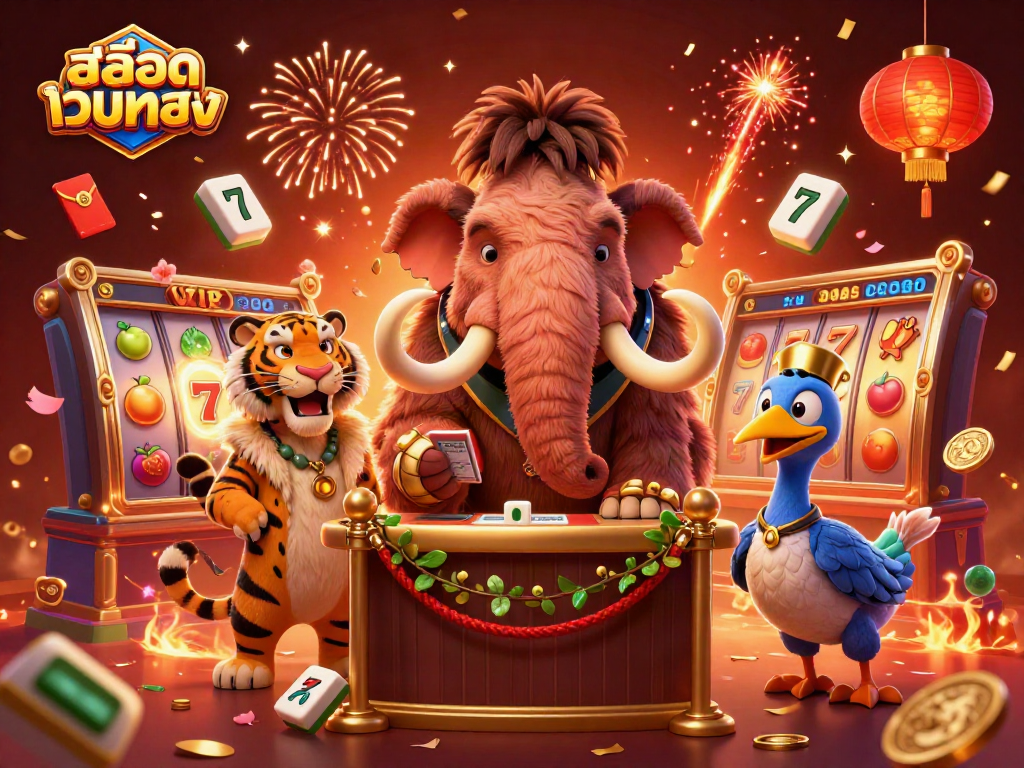 Engage with สล็อตเว็บตรง as a woolly mammoth bouncer checks IDs at a vibrant casino scene.