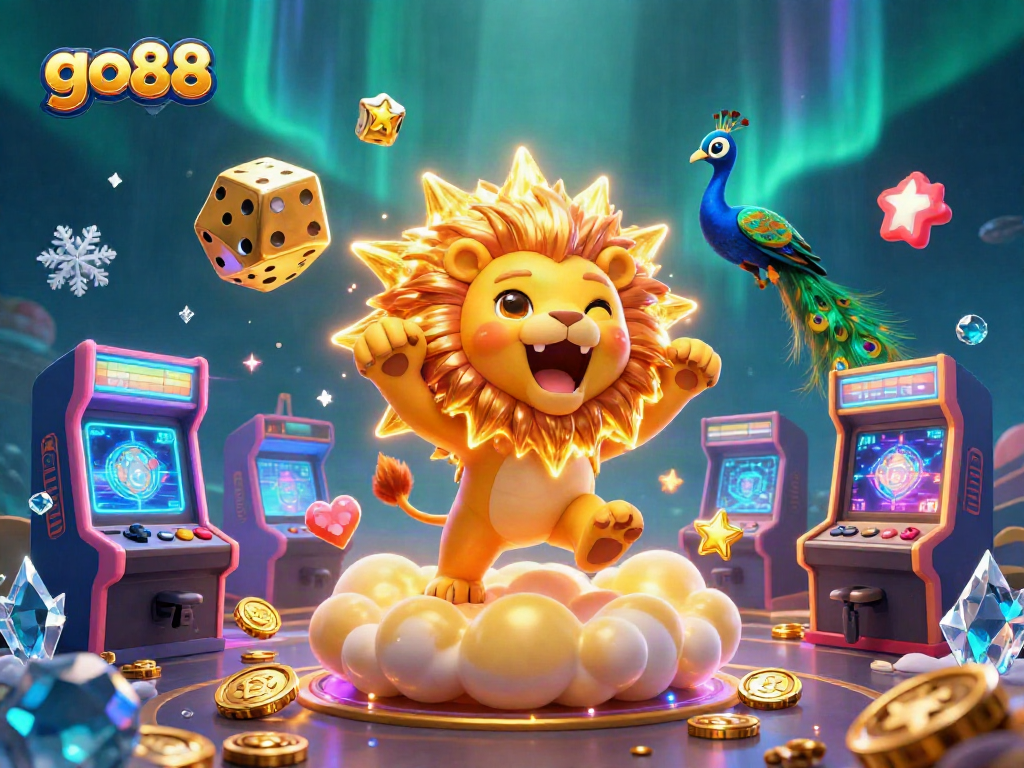 Play exciting games on go88 with a vibrant 3D illustration showcasing casino elements like dice and arcade machines.