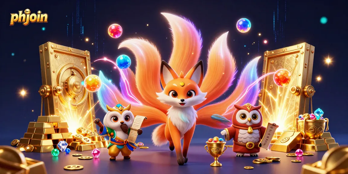 Engage with phjoin's gaming experience alongside a colorful spirit and treasure-laden scene.