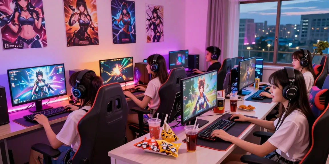 Engaging female gamers enjoying a female hentai game together in a vibrant gaming room.