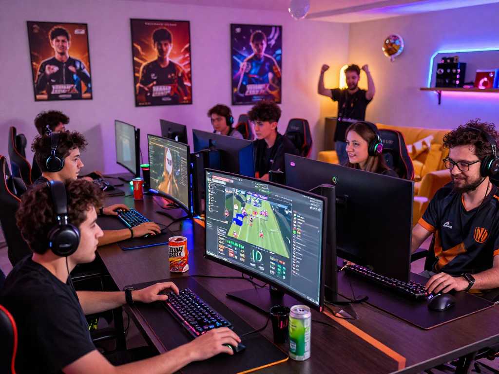 Gamers competing in a FairPlay online gaming session, vibrant atmosphere with RGB lighting and gaming setups.