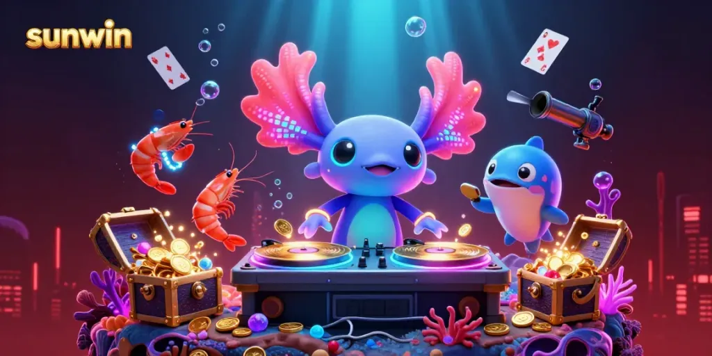 Experience sunwin's vibrant underwater casino world with neon characters, gaming elements, and gold treasures.