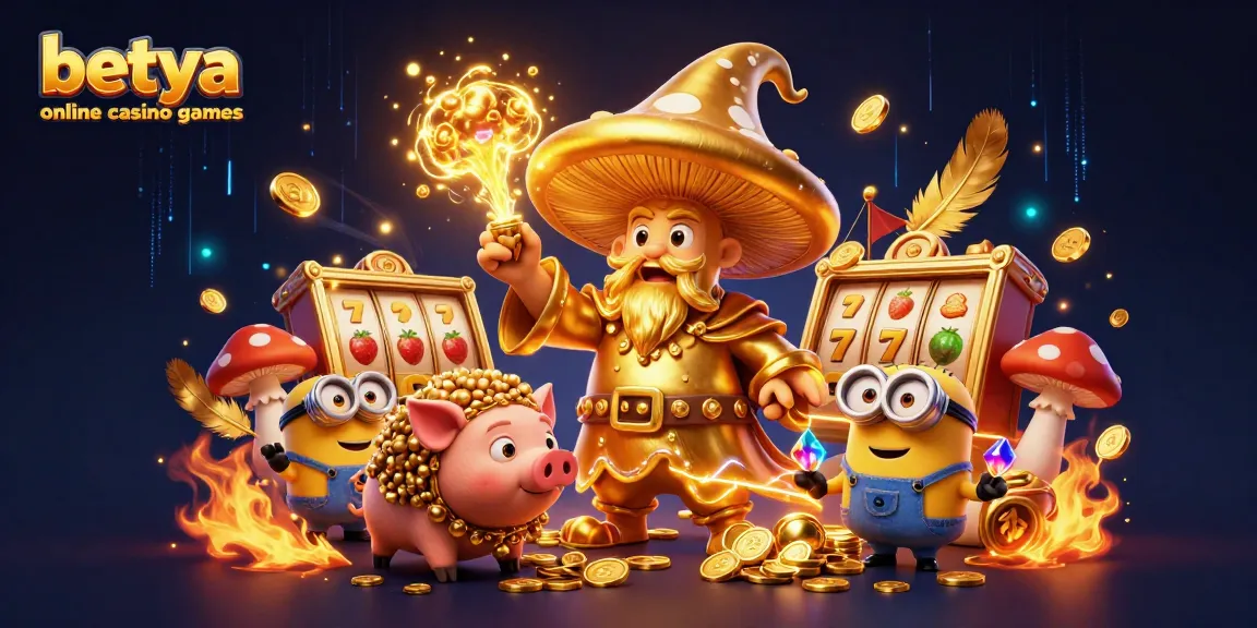 Experience the magic of betya online casino games with a whimsical wizard, treasure-seeking pig, and slot reels.