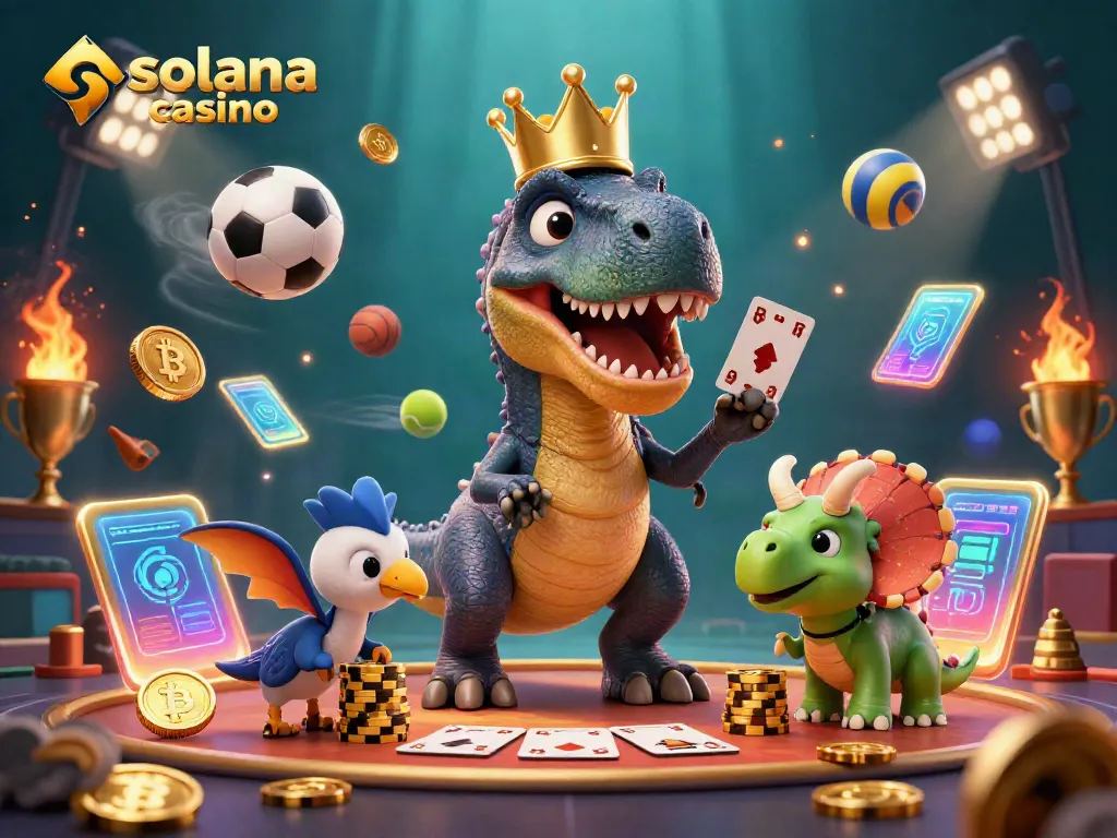 Experience the thrill of a solana casino with a fun illustration of a T-Rex shuffling cards and vibrant gaming elements.