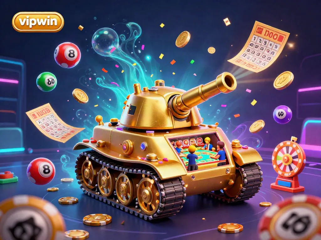 Experience the thrill of vipwin with a vibrant 3D casino scene featuring lottery elements and golden tank.