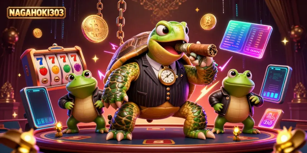 Visualisasi kasino NAGAHOKI303 menghadirkan penyu besar dan penegak katak dengan elemen slot dan cryptocurrency.