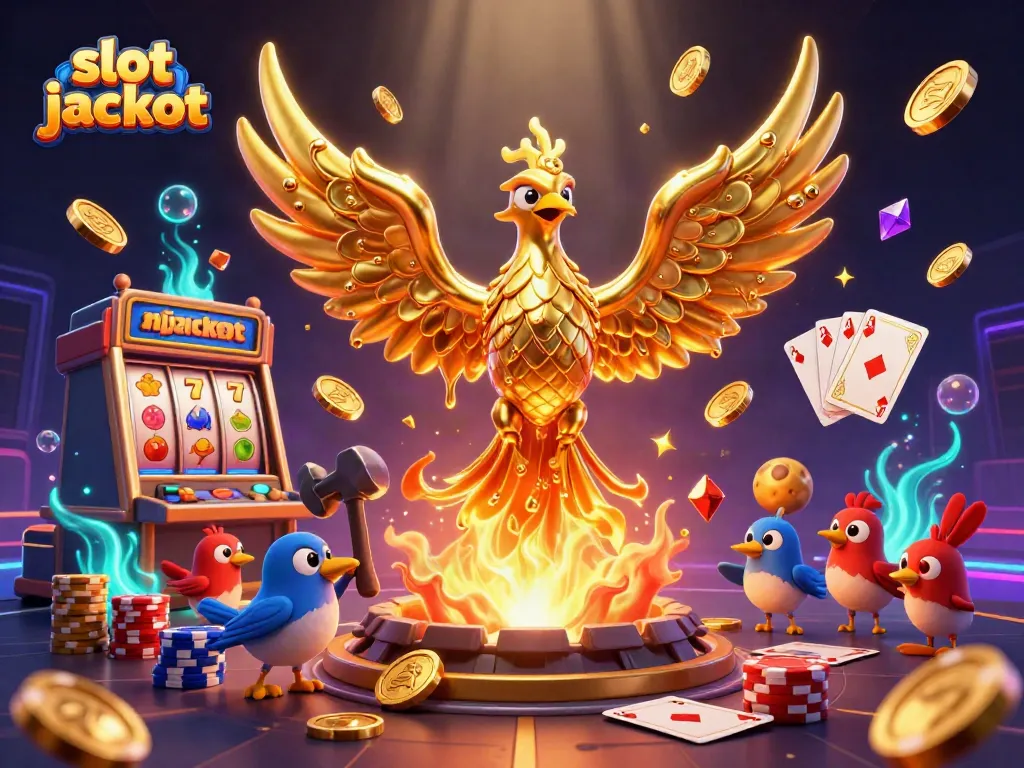 Experience slot jackpot excitement with an animated golden phoenix and colorful casino elements.