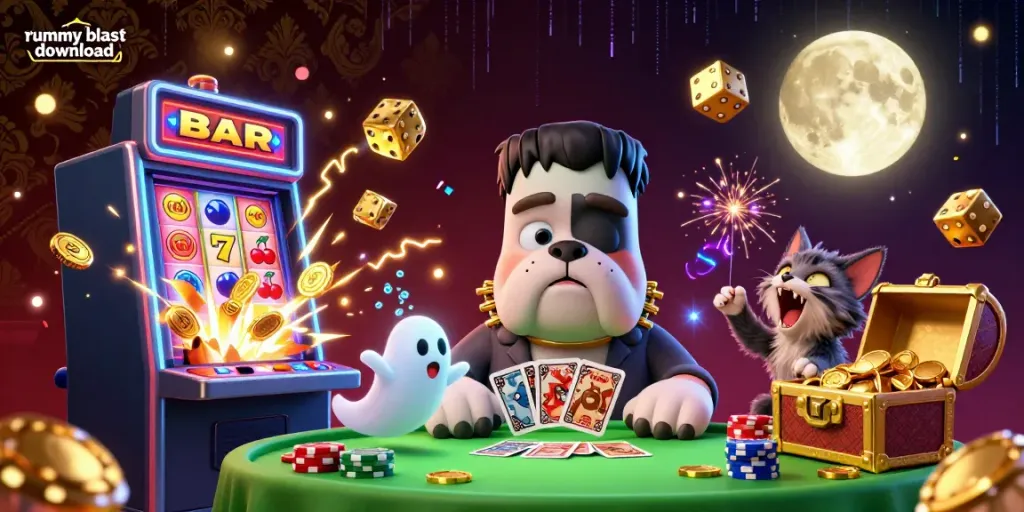 Engage with the thrilling rummy blast download experience amidst vibrant casino elements and characters.
